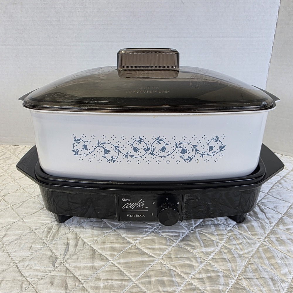 Tested Working VTG West Bend 4 qt Slow Cooker # 84624 Blue Flowers Complete USA